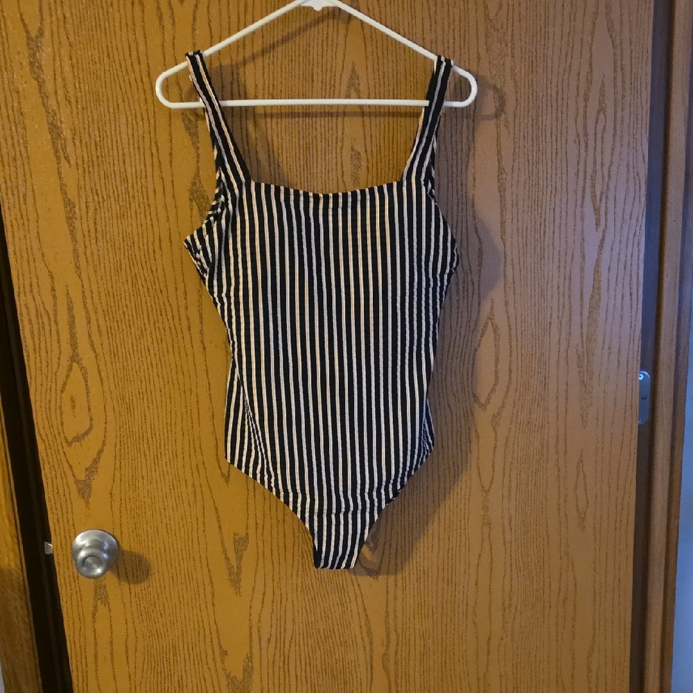 Shade & Shore Black and White Striped One-Piece Swimsuit